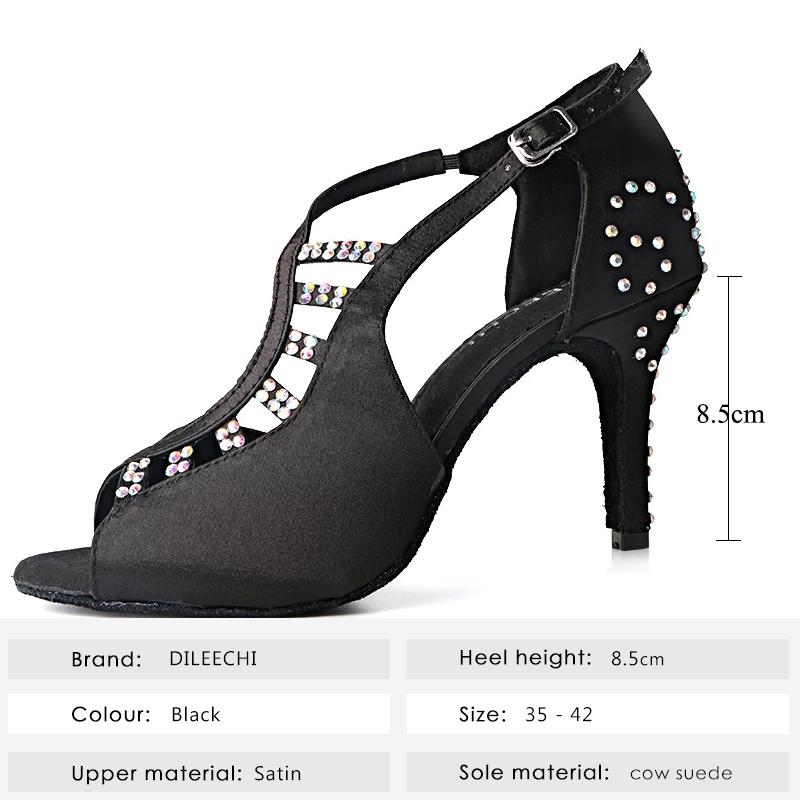 Женская танцевальная обувь DILEECHI, ​​туфли для латинских танцев, женские черные атласные туфли со стразами и мягкой подошвой на тонком каблуке 8,5 см, вечерние туфли для сальсы, туфли для бальных танцев