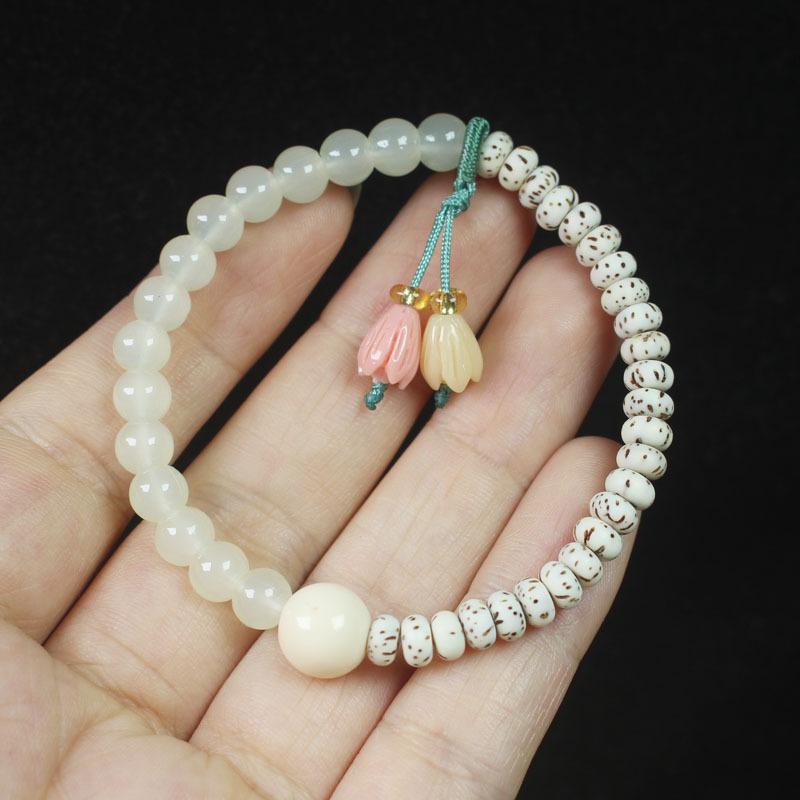 Star Moon Bodhi Beads Bracelet with Flower Pendant, Forest Style Women's Jewelry