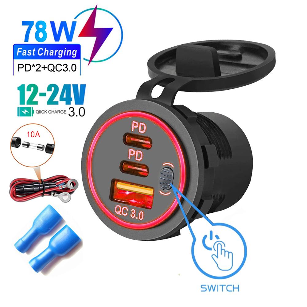 Автомобильное зарядное гнездо PD3.0 и QC3.0, два порта USB C, водонепроницаемое, со светодиодным сенсорным переключателем, 78 Вт, быстрая зарядка 12 В/24 В для мотоадаптера
