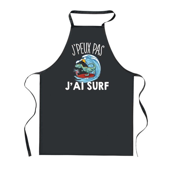 Tablier de cuisine - PLANETEE - J'peux Pas Surf Tyrannosaure - Noir - Impression France - 90x60 cm