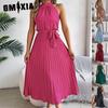 Spring Summer Elegant Stand-up Collar Sleeveless Waisted Pleated Long Dress Women's Clothing