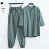 Мужской летний хлопково-льняной комплект в китайском стиле с застежками-лягушками и рукавами три четверти
