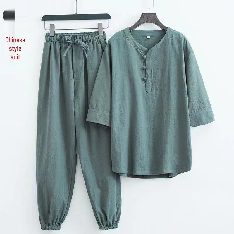 Мужской летний хлопково-льняной комплект в китайском стиле с застежками-лягушками и рукавами три четверти