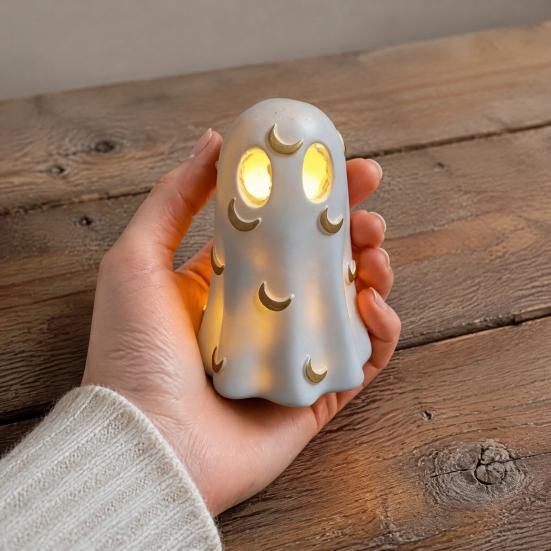 Resin Ghost Statue Halloween Decoration, Cute Light Up Figurine, Spooky Warm LED Bedside Lamp with for Shelf Mantel Indoor Home Decor Party Supplies