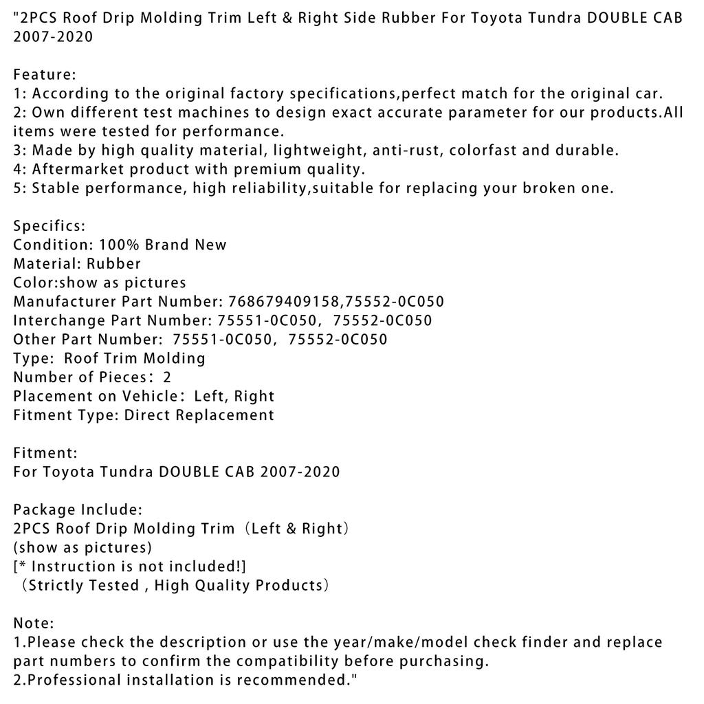 2PCS Roof Drip Molding Trim Rubber For Toyota Tundra DOUBLE CAB 2007-2020