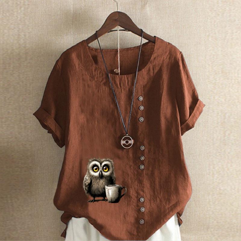 Women's Fashion Owl Prined Short Sleeve T-shirt Loose Cotton Shirt Casual Loose Summer Blouse Plus Size Tops