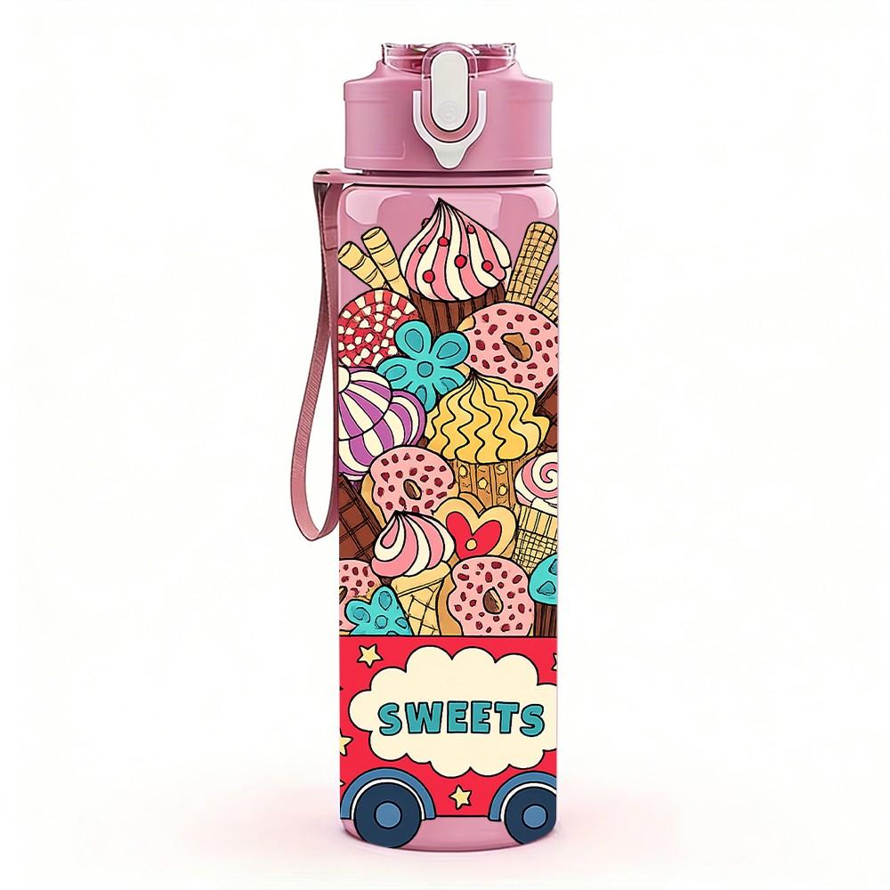 1PC Colorful Ice Cream Truck Cartoon Pattern 750ml Color Plastic Sports Water Bottle Leakproof Flip Straw Lid Suitable for Sports Office Home Use