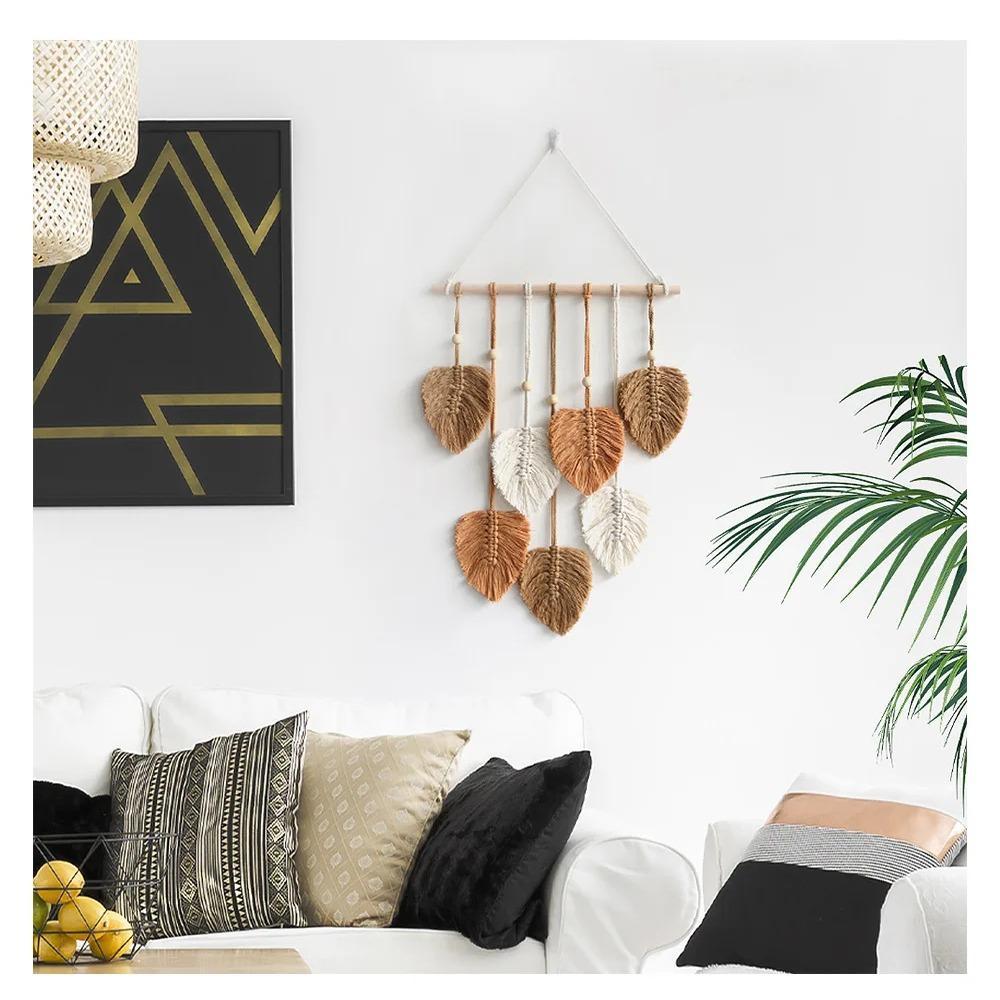 Гобелен в богемном стиле ручной работы из хлопчатобумажной веревки с листьями дерева – уникальный домашний декор для стен, подвеска для комнаты