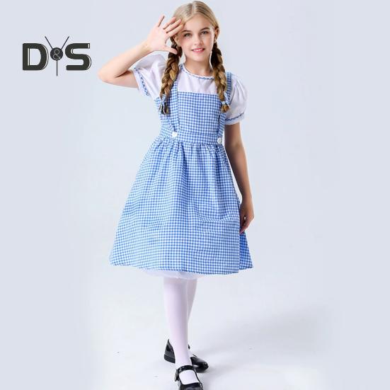 Girl's Blue Gingham Dress Kansas Girl Halloween Fancy Party Dress-up Costume Fairytale Musical Movie Character Cosplay Outfit for Kids