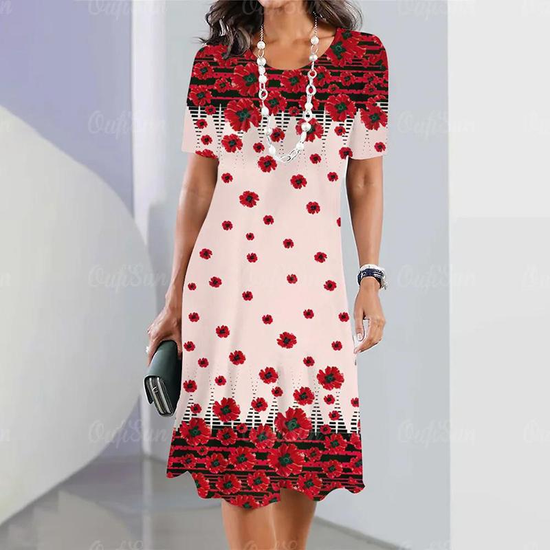 Модное женское свободное платье-трапеция с принтом в виде О-образного выреза и коротким рукавом с принтом листьев