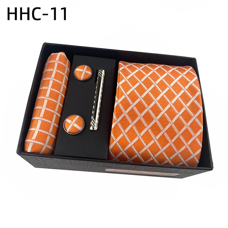 Men'S Striped Flower Plaid Tie Square Towel Cuffs Tie Clip Gift Box Set Business Casual Tie Black