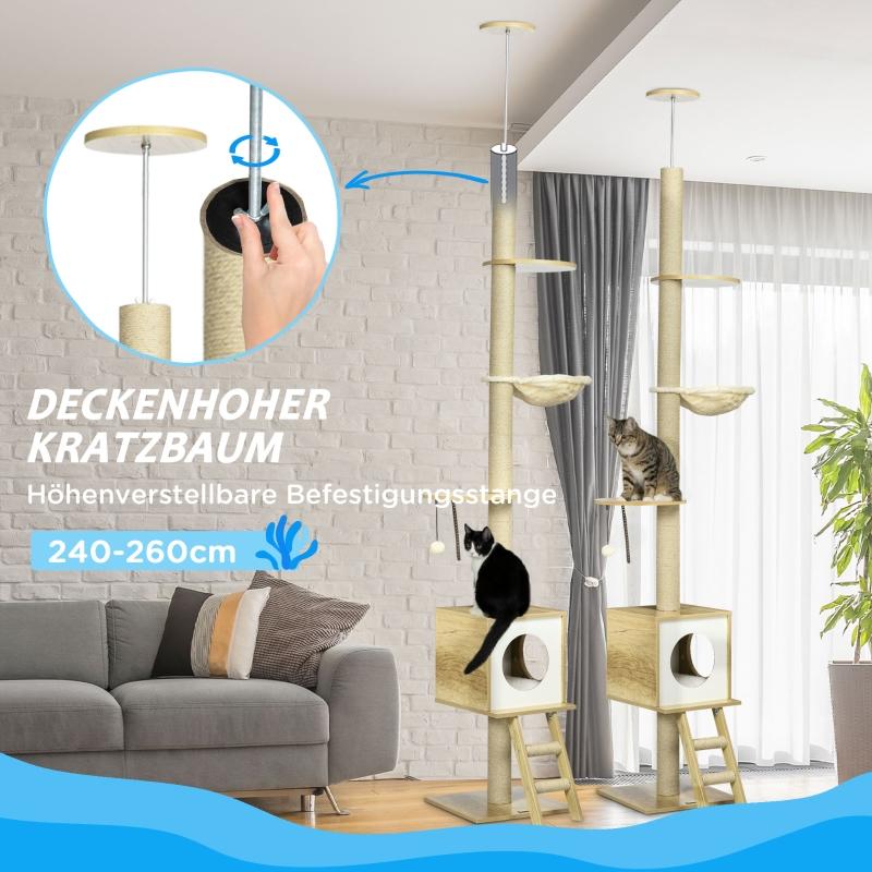 Cat tree, ceiling-high, cat house, two platforms, hammock, anti-tip device, light brown+beige, 40 x 40 x 260 cm