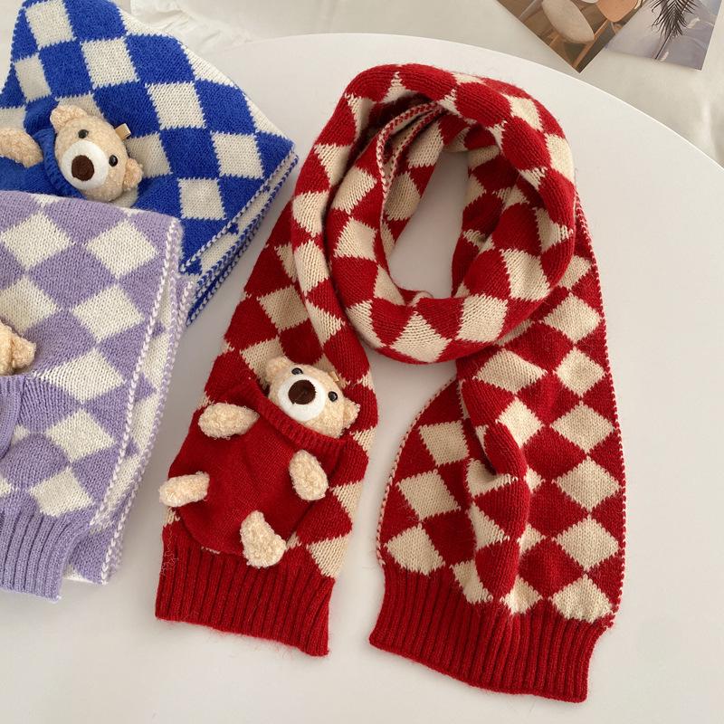 Cute Bear Short Knitted Handmade DIY Scarf Women's Winter Warm Versatile Student Wool Scarf