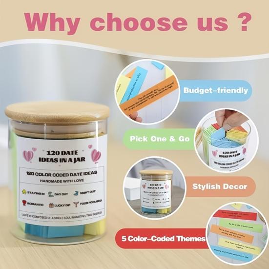 120 Date Ideas In A Jar Color Coded Date Jar Couples Date Night Game for Wedding Anniversary Bridal Shower Valentine's Day Gift