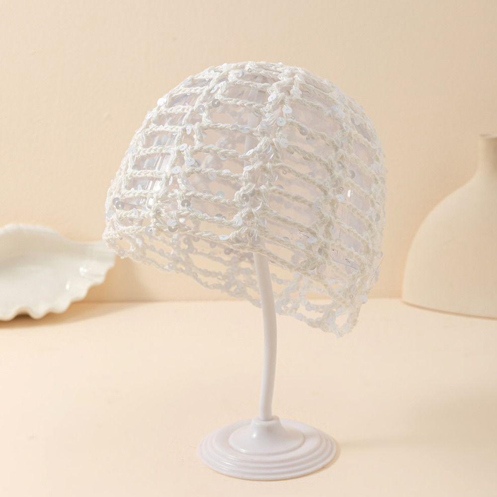 Solid Color Crochet Sequined Hat Elegant Weave Cap Sweet Hollowed Out Knitted Hat Outdoor