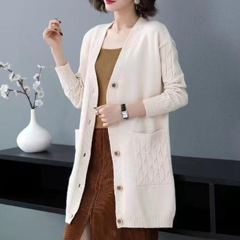 Вязаный кардиган, женский свободный корейский вариант средней длины, весенний свитер большого размера, толстая осенне-зимняя куртка с карманами