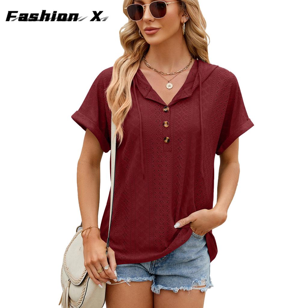 2024 весна и лето, новая однотонная свободная футболка с короткими рукавами и пуговицами, топ для женщин
