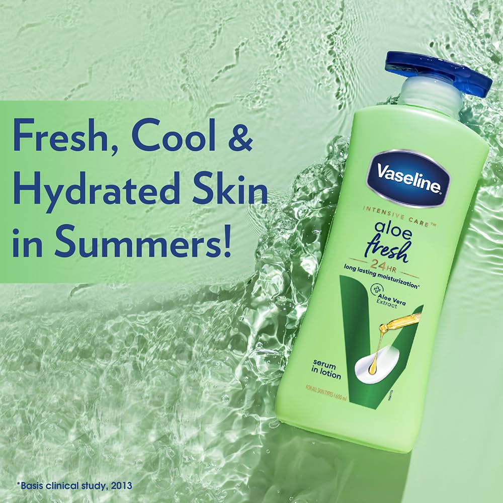 Vaseline Aloe Fresh Body Lotion 600ml Pack of 1 24HR Hydration Non-Sticky Lightweight Skin Moisturiser