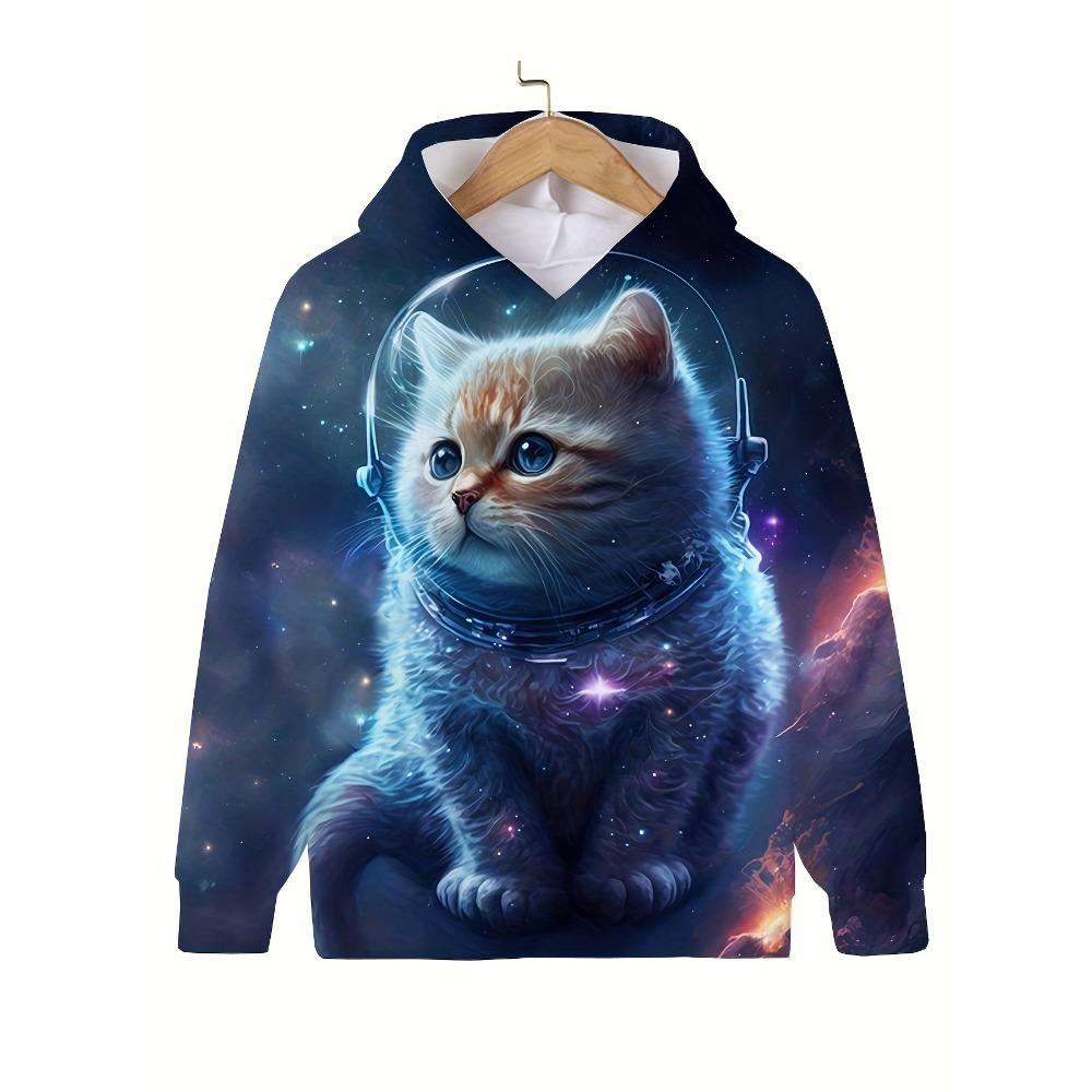 Детская одежда Толстовки с капюшоном для девочек с длинным рукавом, милый 3D-принт с котом, детская одежда на весну и осень, повседневная одежда для девочек с героями мультфильмов на открытом воздухе, топы