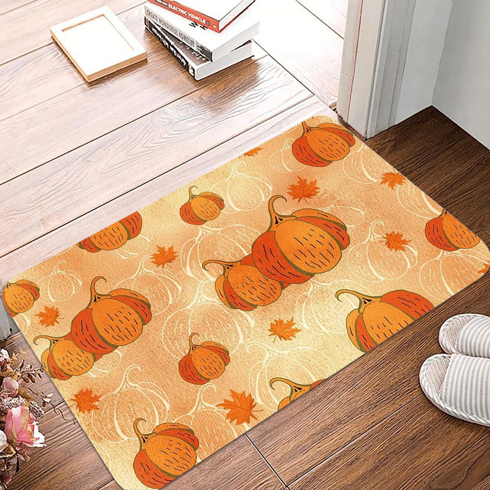 Festive Fall Farmhouse Carpet Pumpkin Harvest Door Mat 100% Polyester Maple Leaf Floral Design Rug Non-Slip For Machine Made