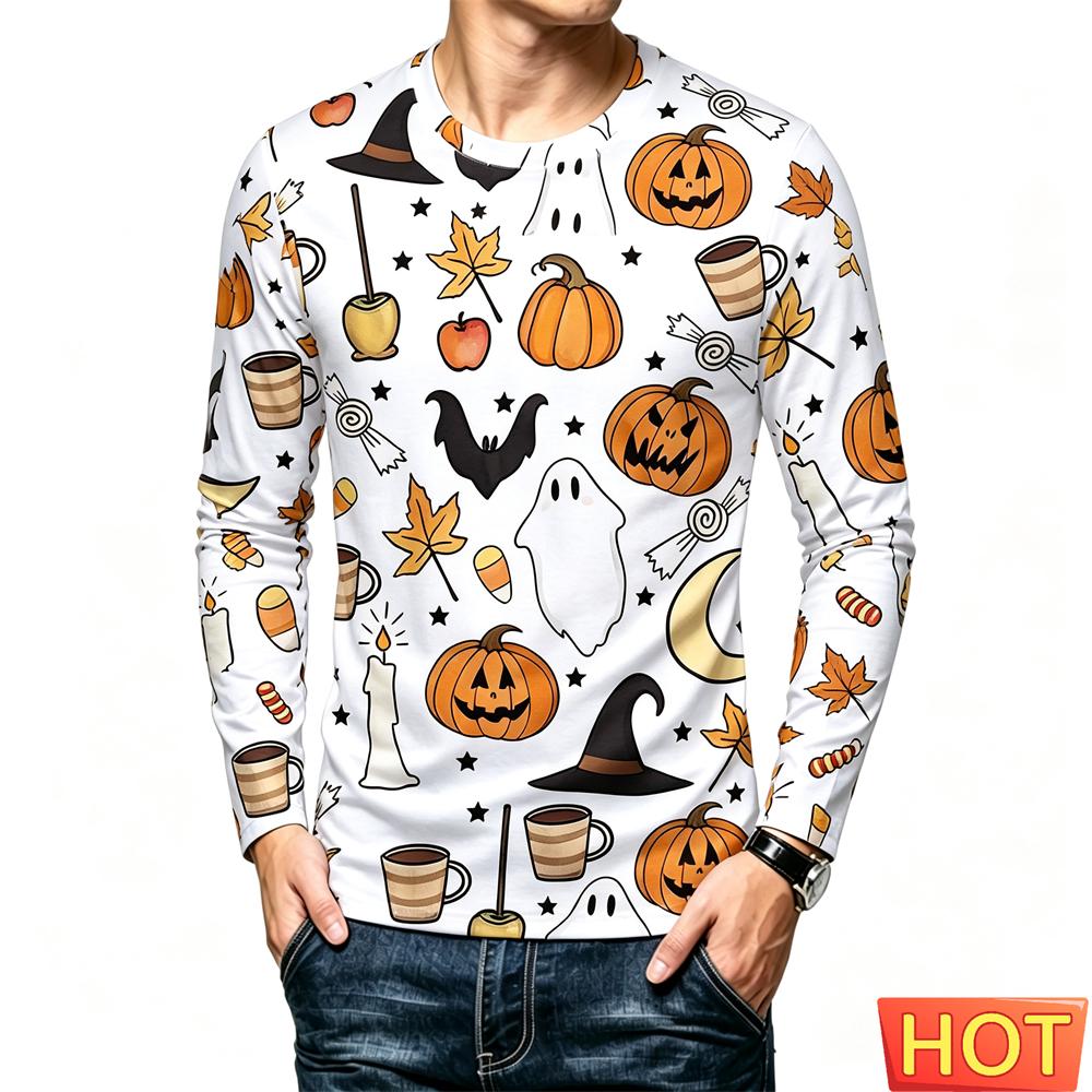 Halloween Party T Shirt For Men Casual O-neck Long Sleeve T-shirts Funny 3D Pumpkin Print Loose Tops Autumn Fashion y2k Clothes