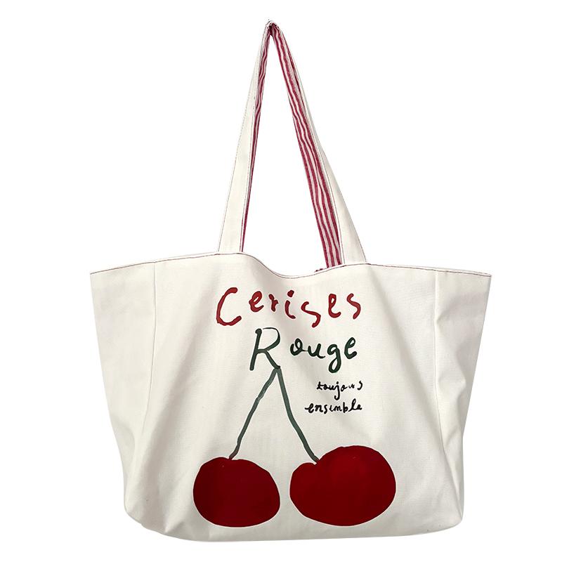 Reversible Design Women Canvas Shoulder Bag Cotton Cloth Purse Handbag Cherry Red Stripes Large Tote Female Eco Shopping Bags