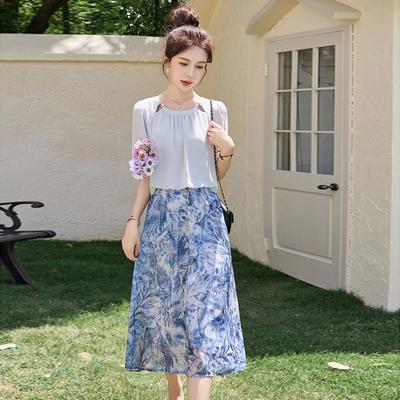 Женское летнее шифоновое платье-двойка с новым дизайном, маленькое, темпераментное, стройнящее, омолаживающее, красивая юбка