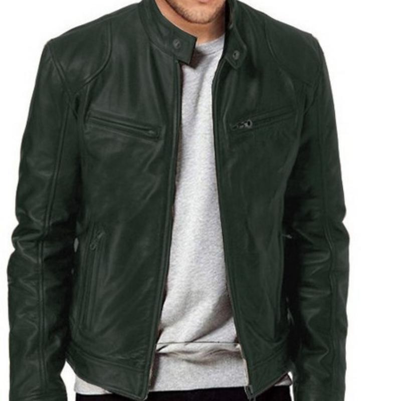 Мужская куртка из натуральной кожи черного и коричневого цвета со стойкой, застежкой-молнией спереди, нагрудными карманами и регулируемыми манжетами