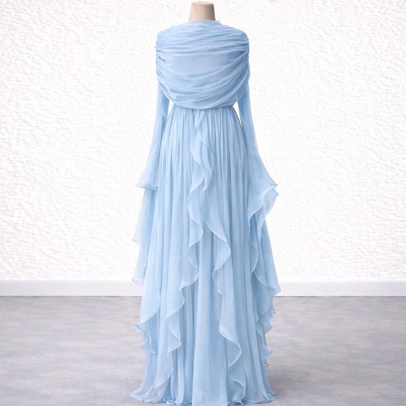 Женское formalное макси-платье с круглым вырезом и длинными рукавами, облегающего кроя, со средней посадкой, из плиссированного шифона, вечернее платье для гостей на свадьбу, банкета, осенних официальных мероприятий