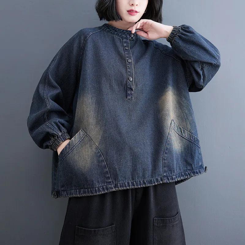 Женская весенняя свободная толстовка из денима в стиле ретро с литературным принтом, темперамент, повседневные топы с завязками на подоле