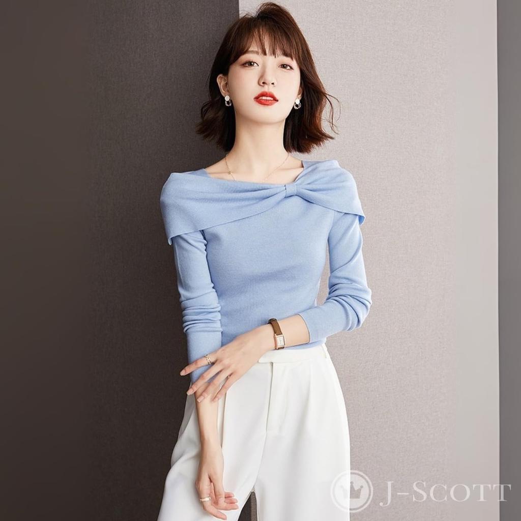 J-Scott Boat Neck Knit Top with Ribbon Motif, Lightweight, Soft, Slim Fit, 1/4 Sleeves, Blue, JS112-BL-XL