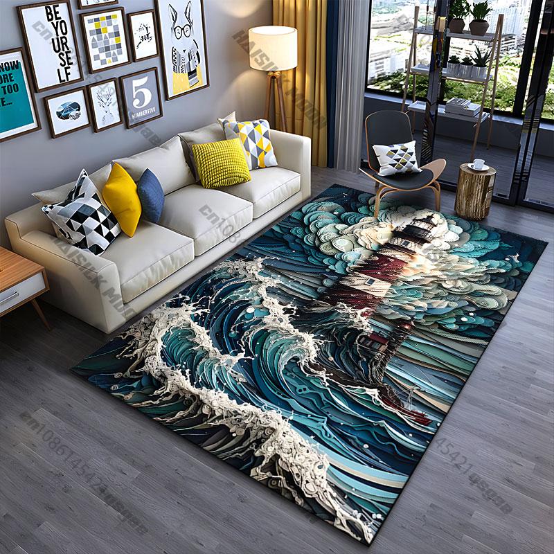 Lighthouse storm waves swirling sky carpet Yoga living room room decor children's crawling mat doormat area rug games mat