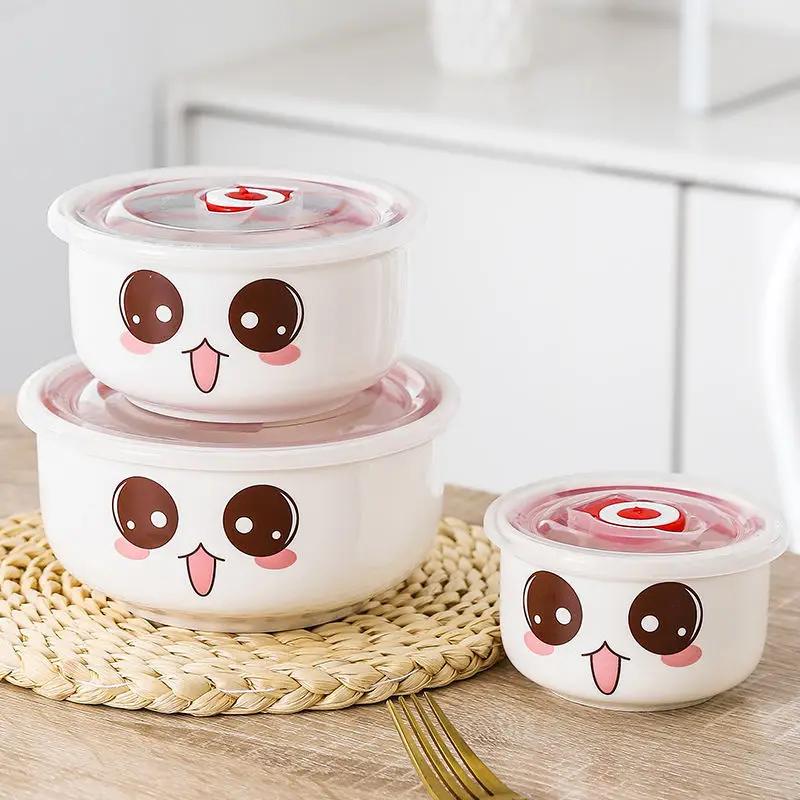 Ceramic fresh-keeping bowl three-piece set with cover refrigerator storage box Office lunch box for microwave heating special