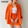Spring Autumn Women's Two-piece Suit Crepe Lapel Long-sleeved Shirt High Waist Drawstring Shorts Large Size Fashion Casual Suit