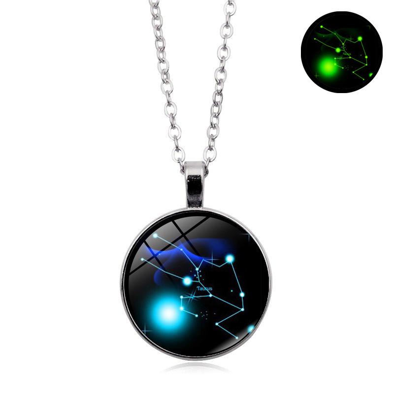Glowing Zodiac Constellation Gemstone Pendant Necklace Vintage Versatile Sweater Chain Jewelry Accessory