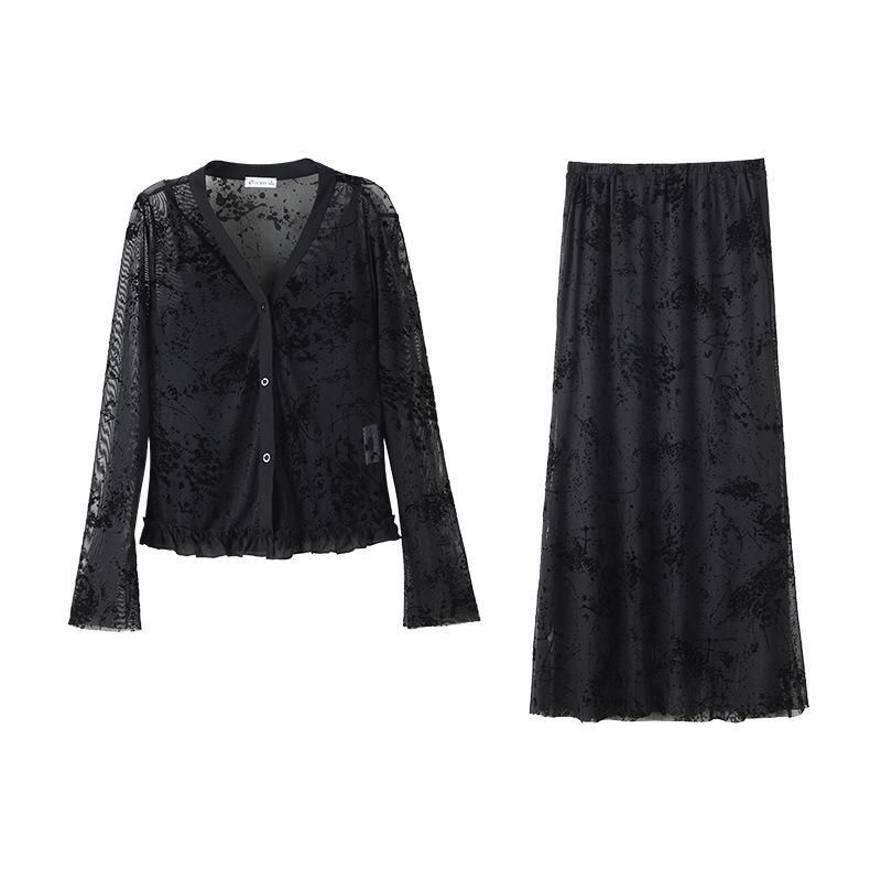 Комплект женский кружевной шаль с длинным рукавом, майка и юбка миди большого размера - Новая весенняя мода