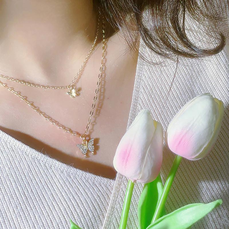 Модное блестящее ожерелье с бабочкой, дамское изысканное двухслойное ожерелье на ключицу, крутая цепочка на шею для женщин, ювелирный подарок