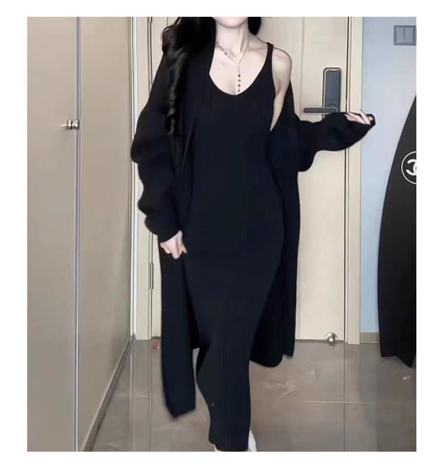 2024 Women's V-Neck Long Knitted Cardigan & Strap Dress Set