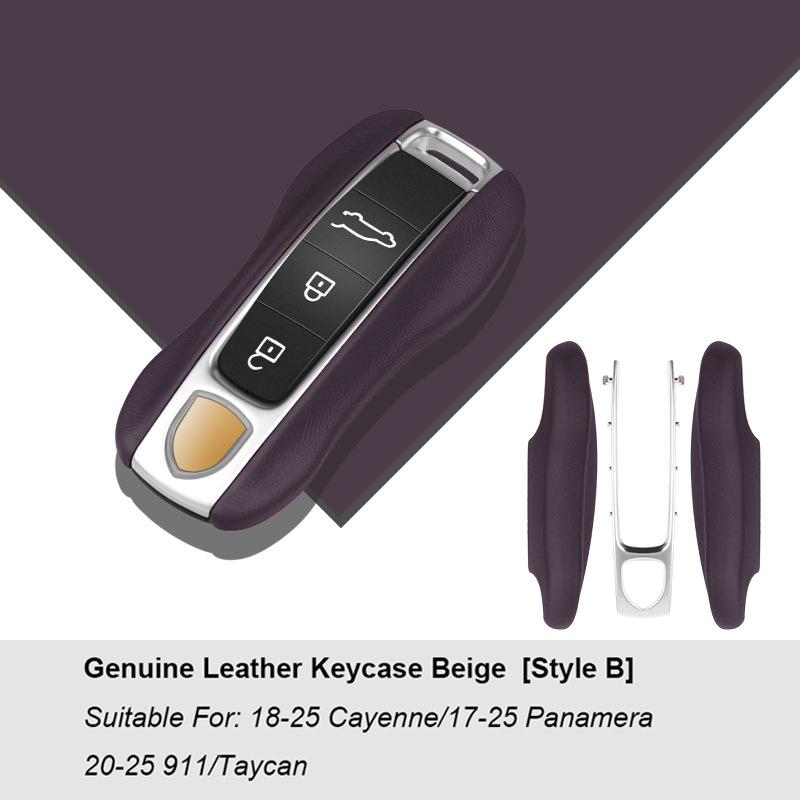 Luxury Genuine Leather For Porsche Boxster Cayman Panamera Cayenne Macan 718/911 Taycan Car Key Case Cover Protective Keychain