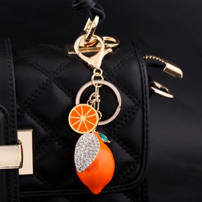 1pc Cute Rhinestone Lemon Shaped Keychain Colorful Fruit Metal Lemon Slice Key Chain Accessory Gift For Mom Friends Lightweight Luxury Accessory