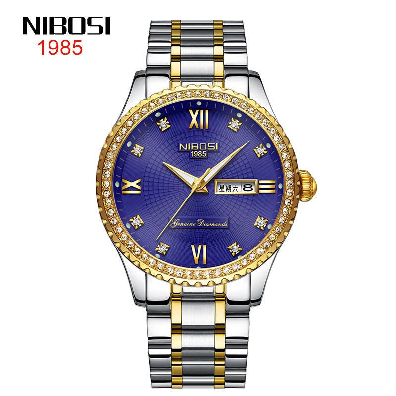 NIBOSI Diamond Set Золотые часы Двойной календарь 3-контактный твердый стальной ремешок Мужские часы 30 м Водонепроницаемые светящиеся в темноте золотые мужские часы