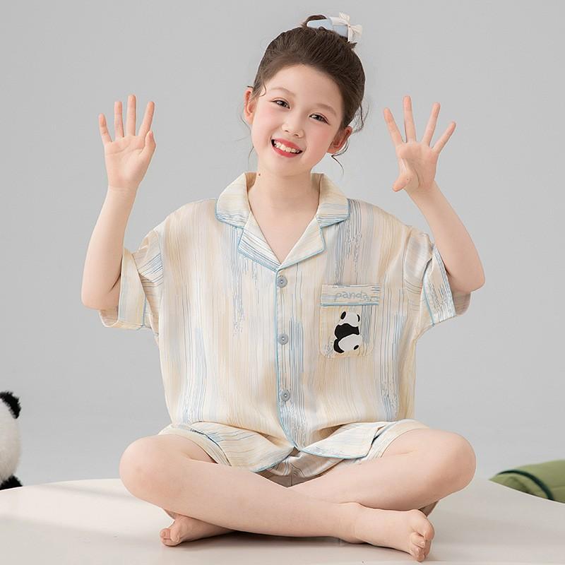 Girls Ice Silk Pajama Set Short Sleeve Cartoon Print Sleepwear Kids 8 Years