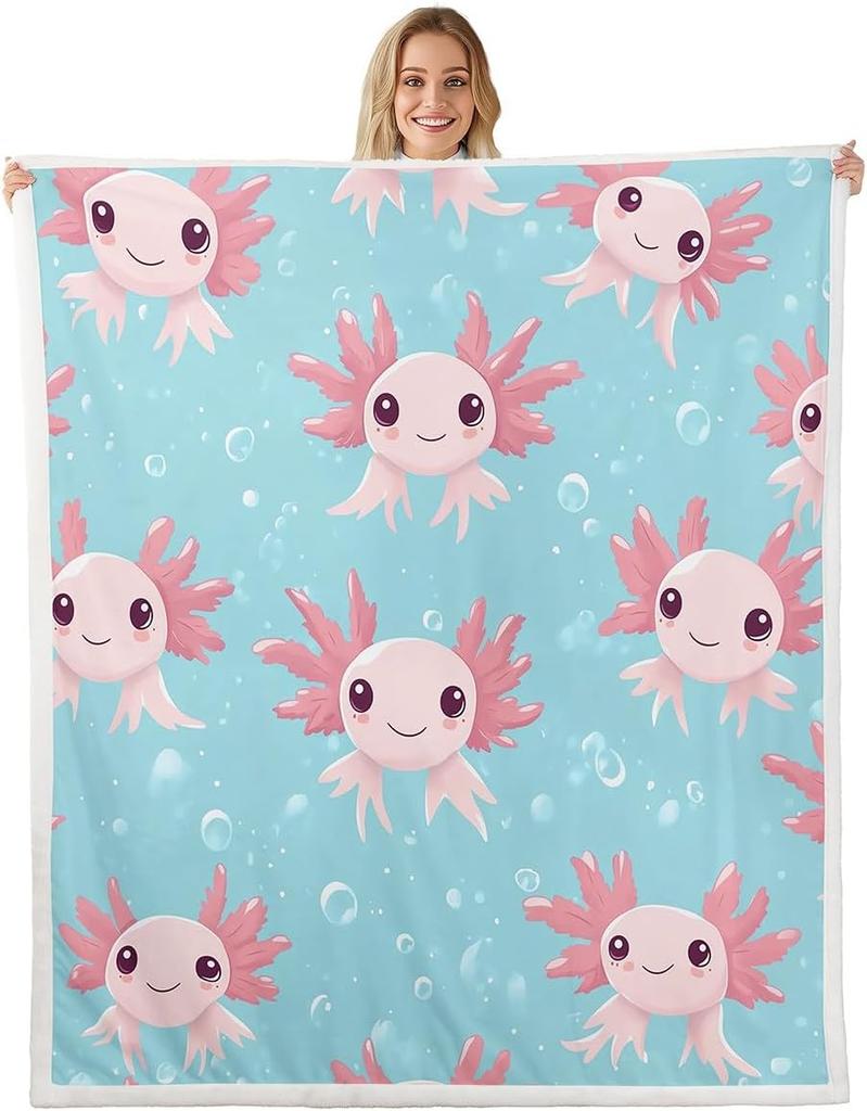 Cute Pink Axolotl Blanket Soft Fleece Throw Cherry Blossom Design Fantasy Art Kids Room Decor