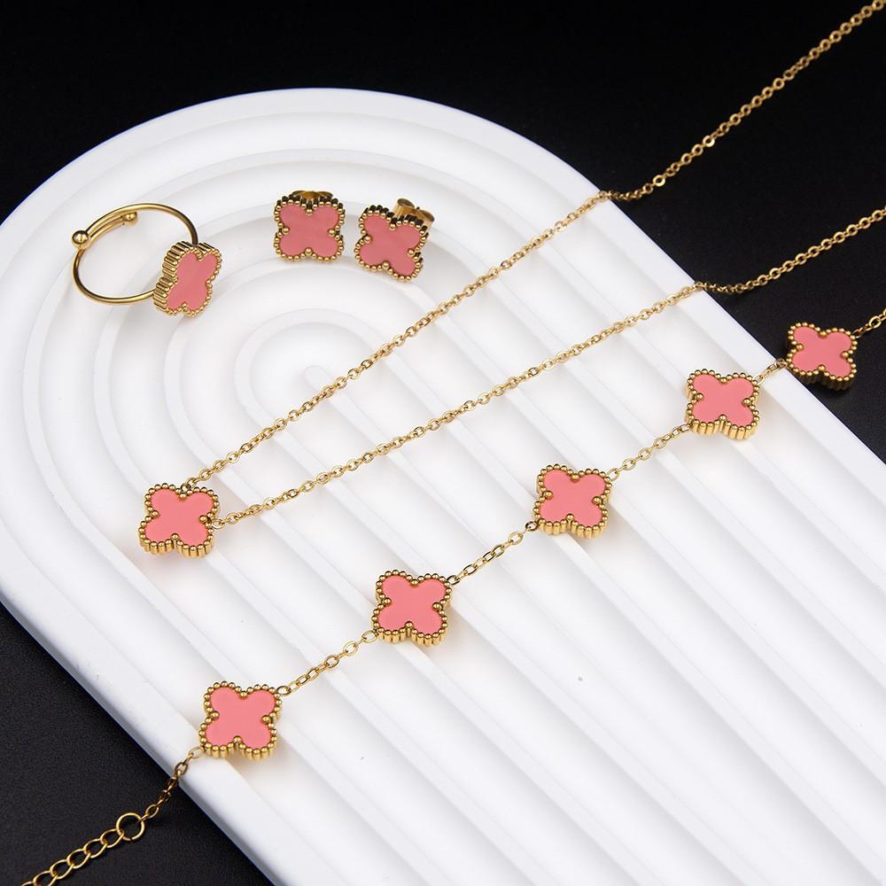 4PCS Clover 4-Piece Jewelry Set Including Necklace, Bracelet, Earrings and Ring, Versatile Lucky Five-Petal Flower Fashion Ornaments