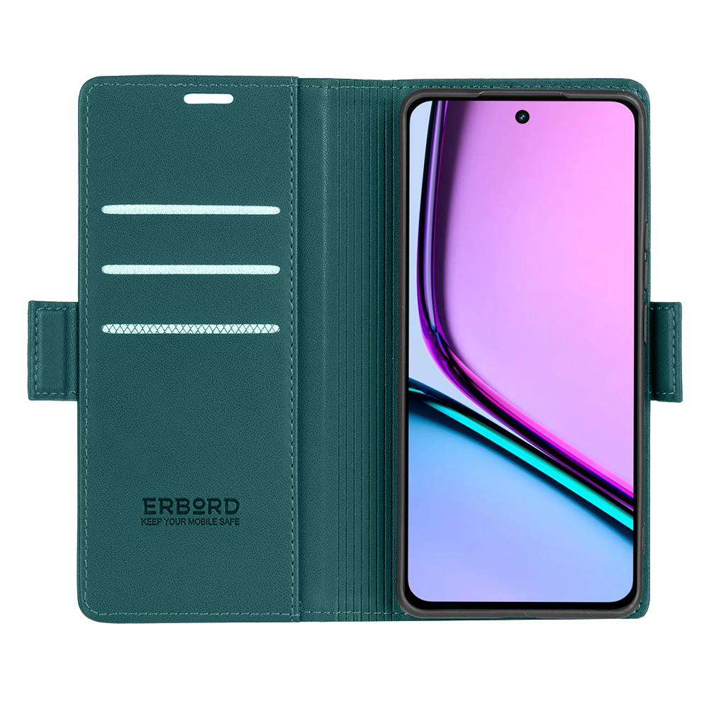 Realme C67 4G Case, ERBORD Glossy Litchi, Wallet Flip Cover, Green