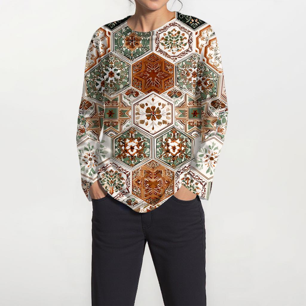 Women's Fashion Hem Slit Casual Retro Floral Print Round Neck Long Sleeve Top