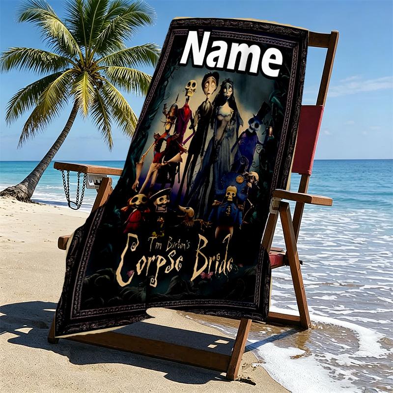 Custom Name Personalized Corpse Bride Print Beach Towel, for Trip Camping Beach Party Home Decor, Birthday Gift for Family & Friends
