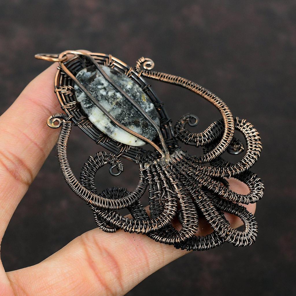 Подвеска из астрофиллита, медная проволочная обертка, настоящие драгоценные камни, подвеска в виде осьминога, проволочная бижутерия, медные украшения ручной работы, подарок для него