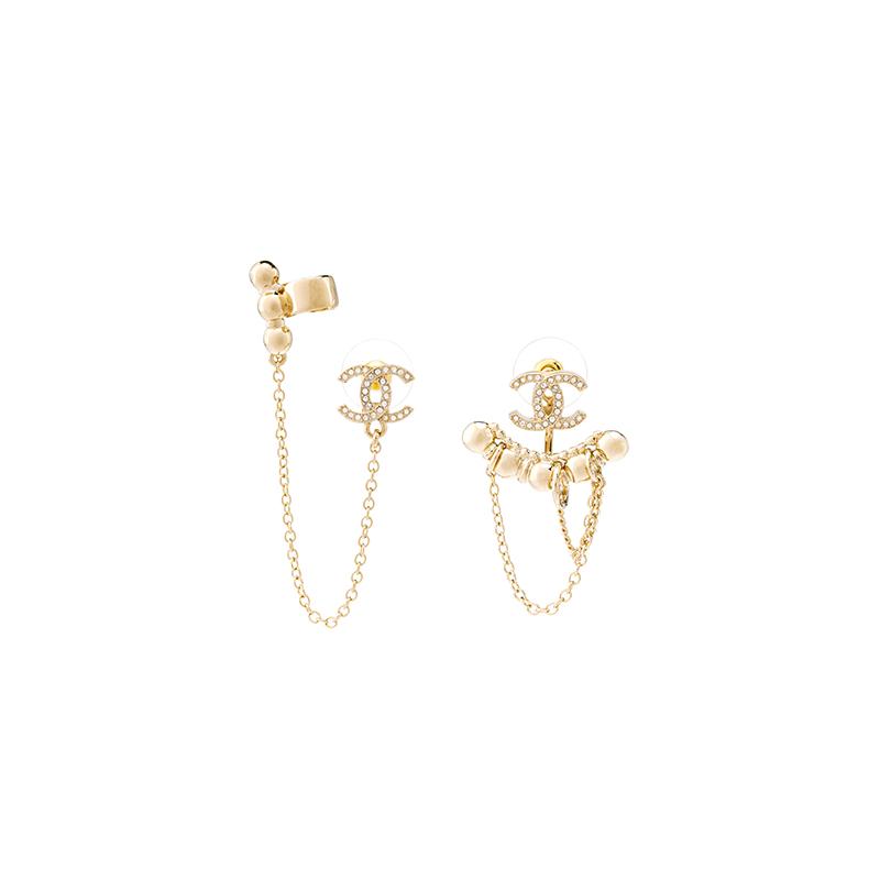 Chanel Металлические Серьги-гвоздики Двойная С Кристаллами Женские Золотые