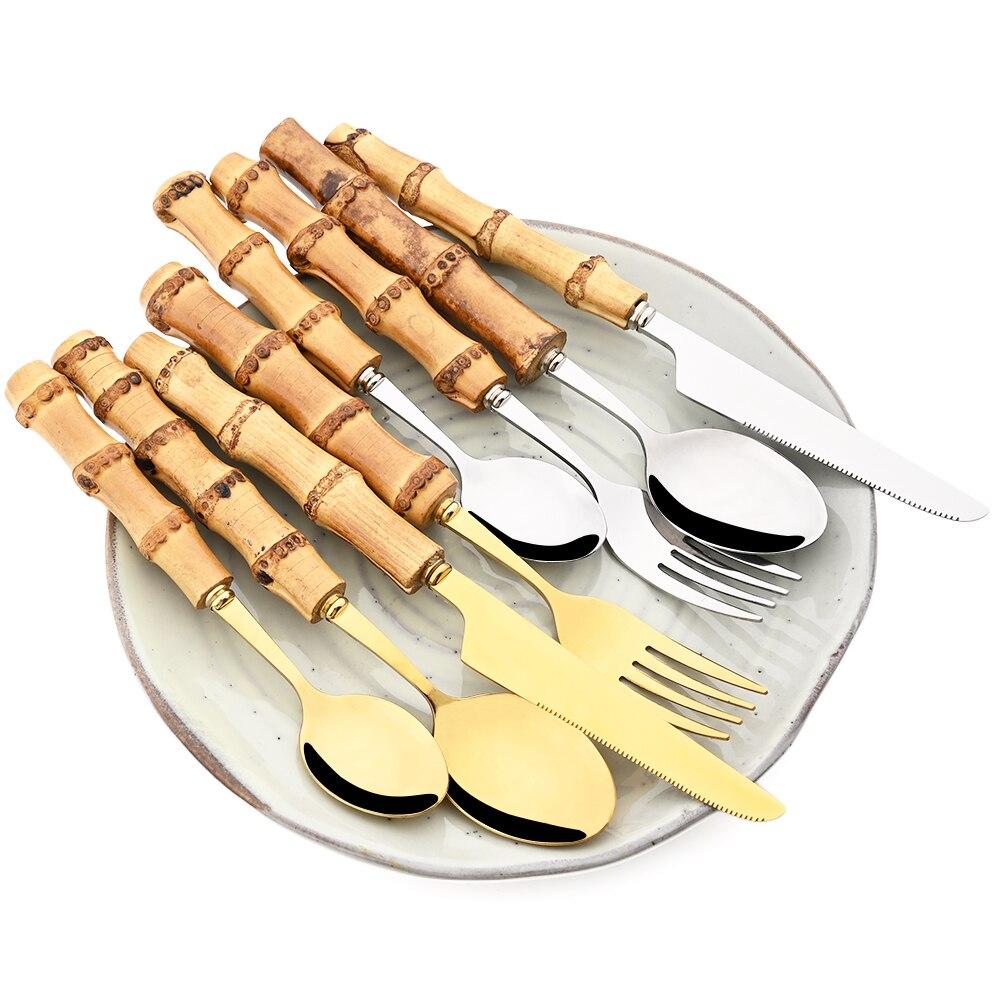 4 шт., набор столовых приборов с бамбуковой ручкой, набор посуды из нержавеющей стали, нож для стейка, вилка, кофейная чайная ложка, столовые приборы, кухонный набор посуды
